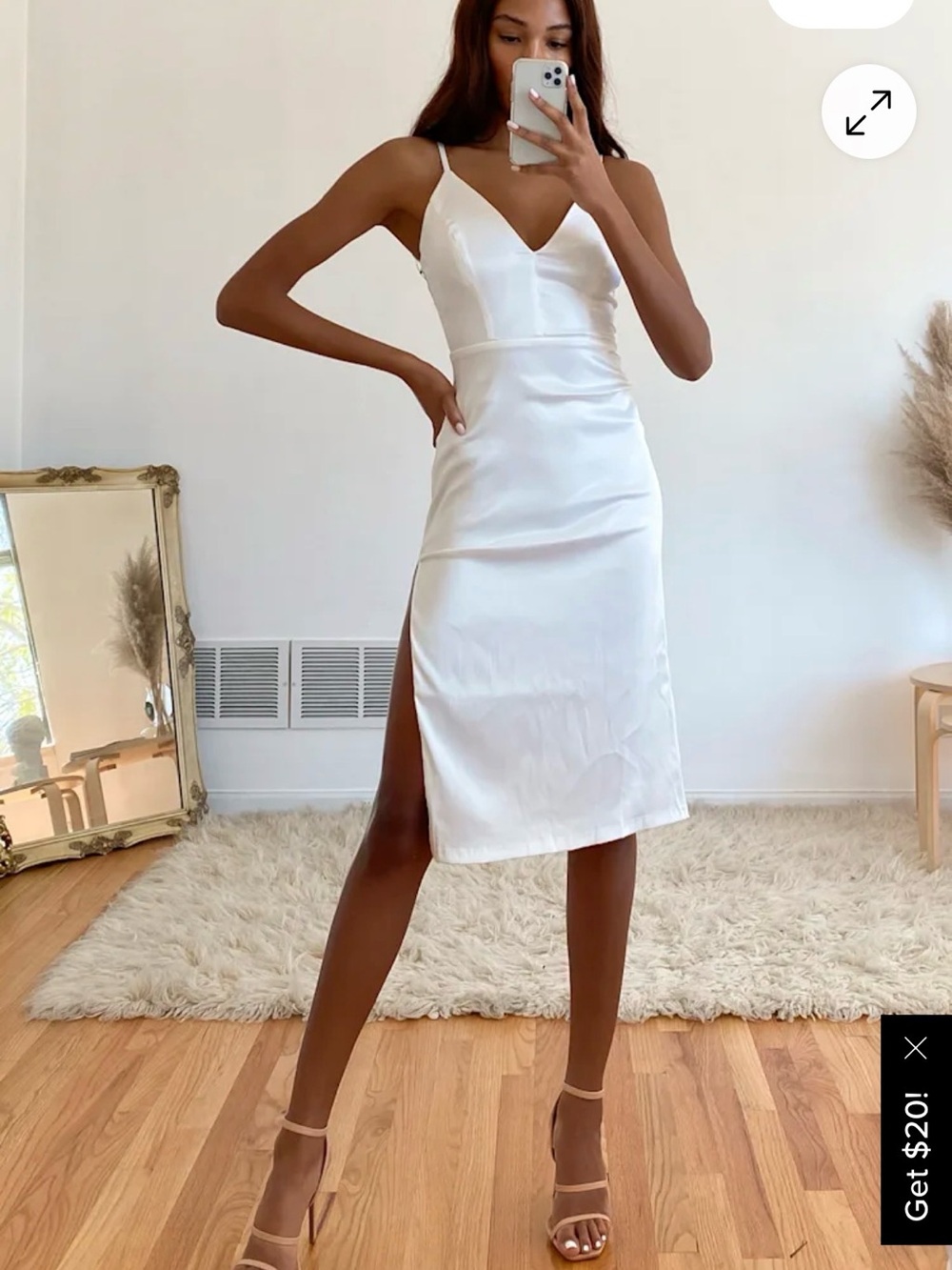 Lulu's White Satin Midi Slip Dress with Side Slit size S